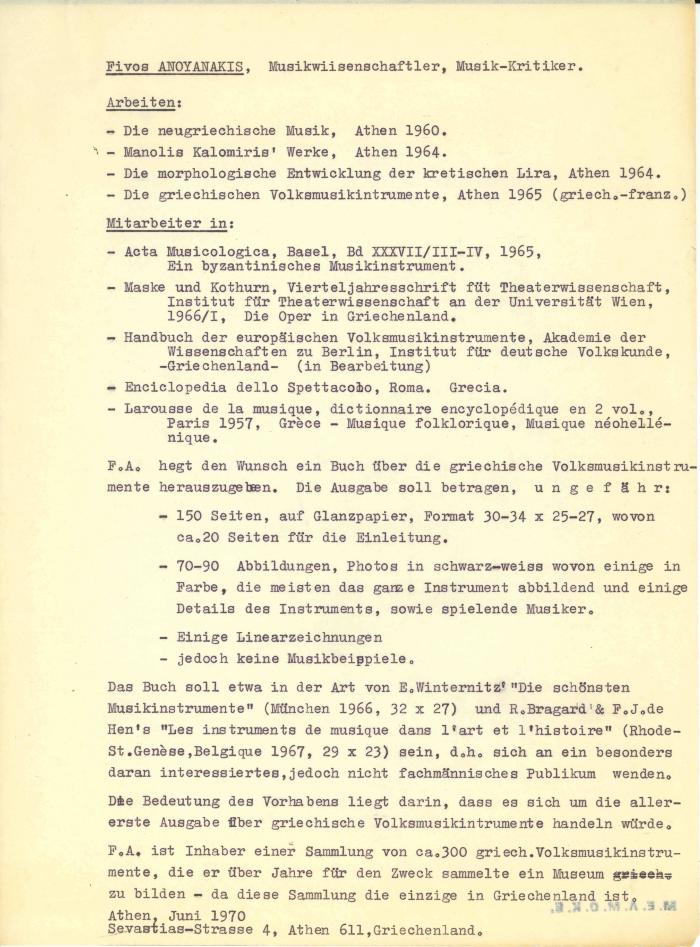 "Για βιβλίο με όργανα - Αντωνίου" - Βιογραφικό σημείωμα του Φ. Ανωγειανάκη στα Γερμανικά.
