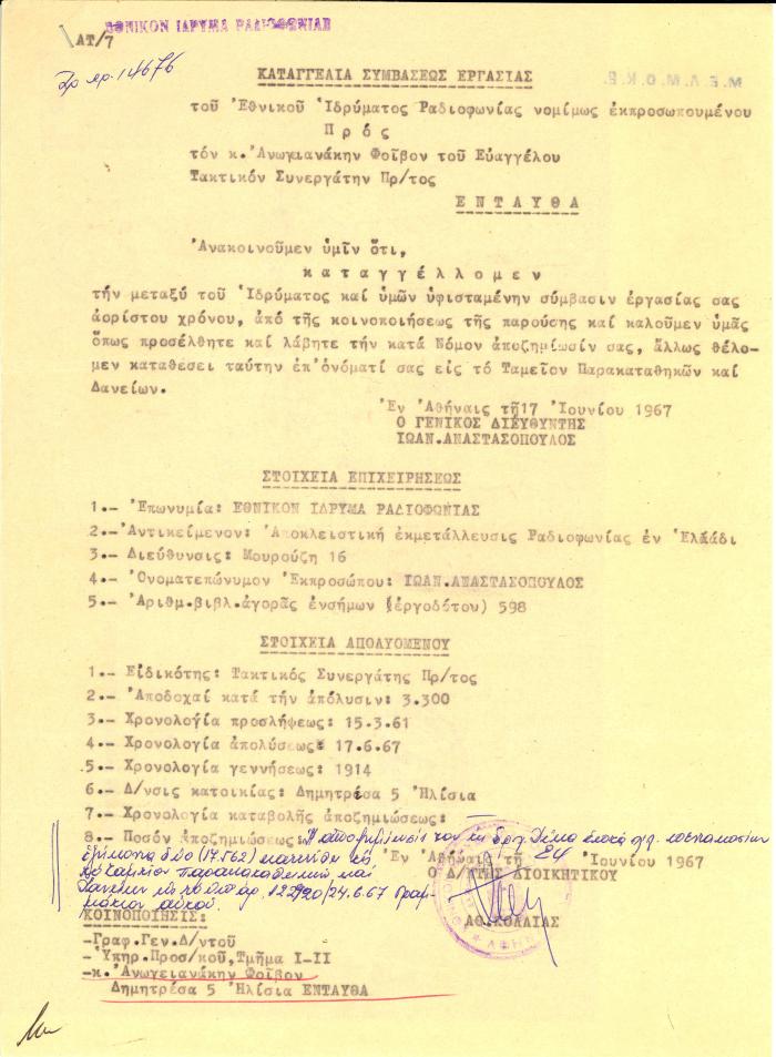 Καταγγελία σύμβασης εργασίας μεταξύ Φοίβου Ανωγειανάκη και ΕΙΡ - Όροι αποζημείωσης