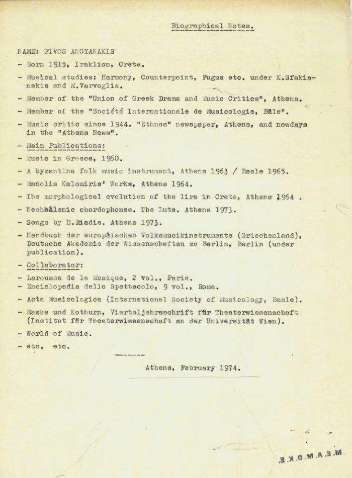 Biographical Notes - Βιογραφικό σημείωμα του Φ. Ανωγειανάκη στα αγγλικά.