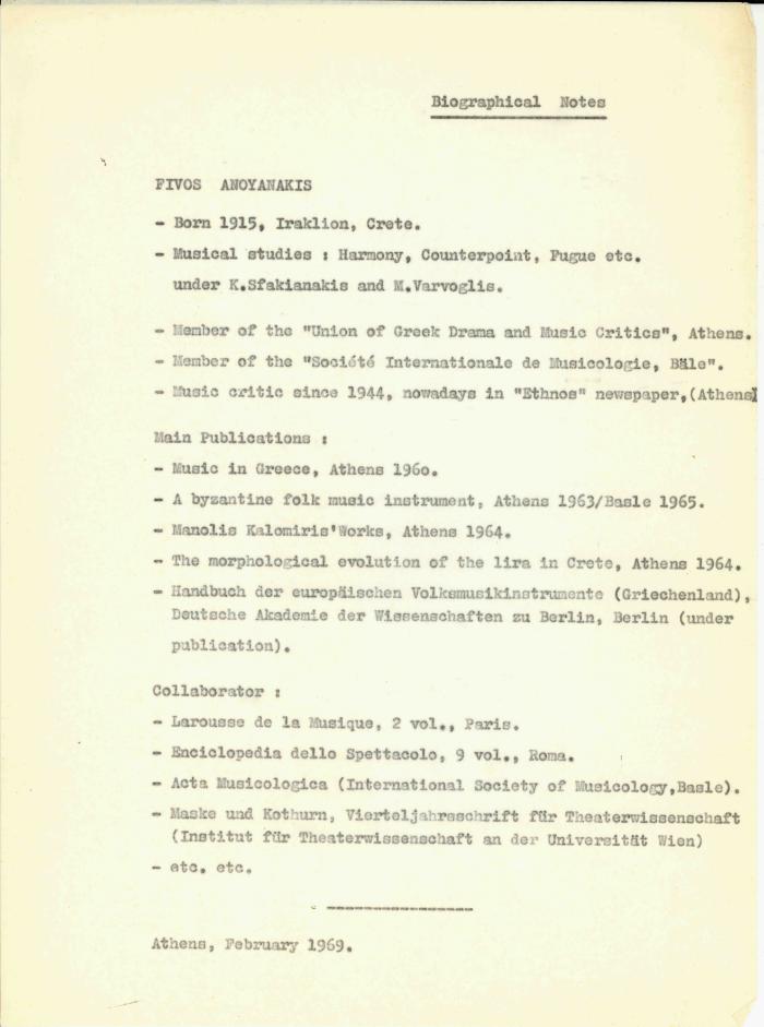 Biographical Notes - Βιογραφικό σημείωμα του Φ. Ανωγειανάκη στα αγγλικά.