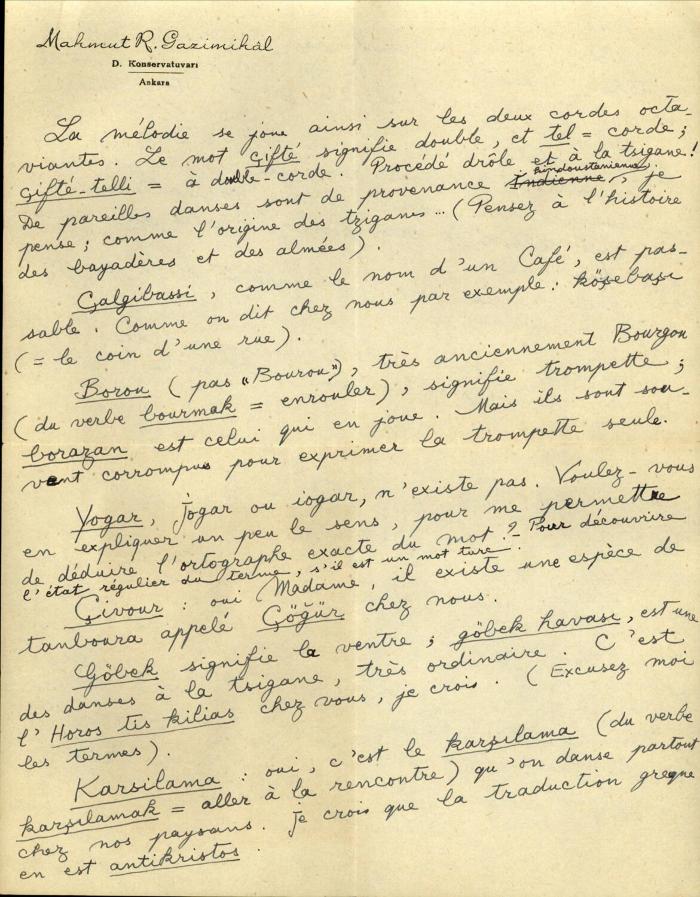 Επιστολή του Mahmut R. Gazimihal προς τη Δέσποινα Μαζαράκη.