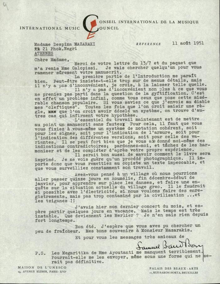 Δακτυλογραφημένη επιστολή του Samuel Baud-Bovy προς τη Δέσποινα Μαζαράκη
