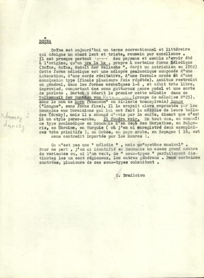 Χειρόγραφη επιστολή του Constantin Brailoiou προς τη Δέσποινα Μαζαράκη